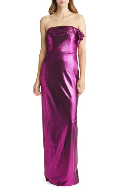 Black Halo Divina Strapless Metallic Ruffle Gown In Pink