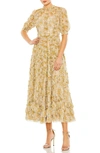 Mac Duggal Illusion Puff Sleeve Floral Print Dress In Yellow Multi