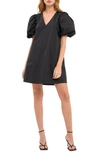 English Factory Puff Sleeve Cotton Shift Dress In Black