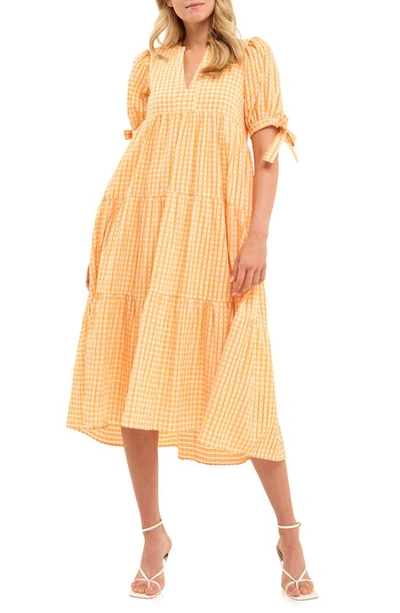 English Factory Gingham Tiered Midi Dress In Orange