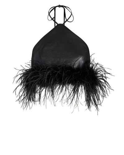 Lamarque Aissa Feather-trimmed Leather Halter Top In Black