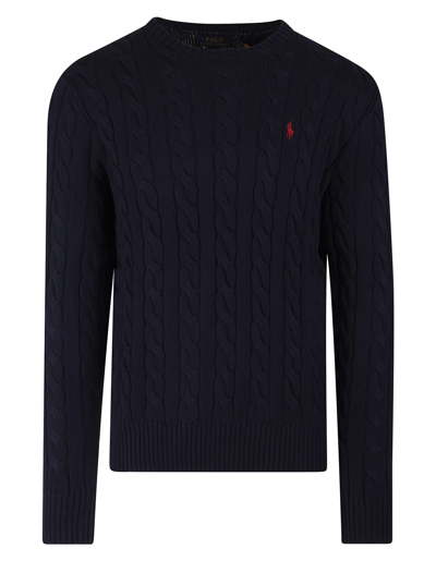 Ralph Lauren Man Navy Blue Brided Cotton Sweater With Red Pony In Hunter Navy
