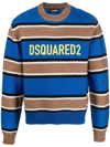 Dsquared2 Logo Striped Wool Knit Sweater In Nut Electric Blue