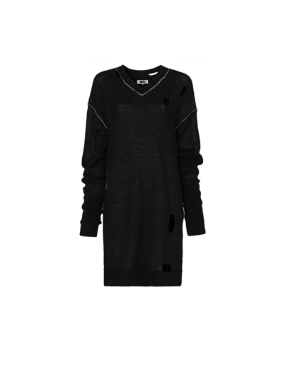 Mm6 Maison Margiela Black Distressed Knit Sweater Dress