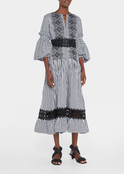 Silvia Tcherassi Malena Gingham Embroidered Midi Skirt In Black Embroidery