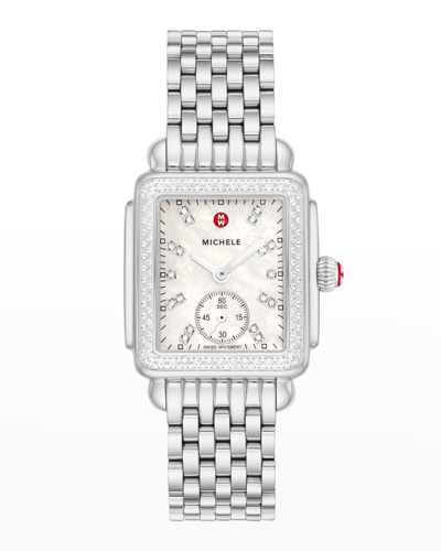 Michele Deco Mid Diamond And Mother-of-pearl Dial Watch In Stainless Steel