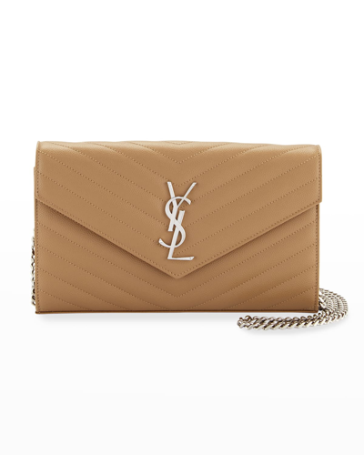 Saint Laurent Monogram Large Grain De Poudre Calfskin Wallet On Chain In Beige