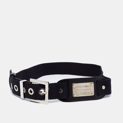 Pre-owned Dolce & Gabbana Black Canvas And Leather Logo Plaque Belt