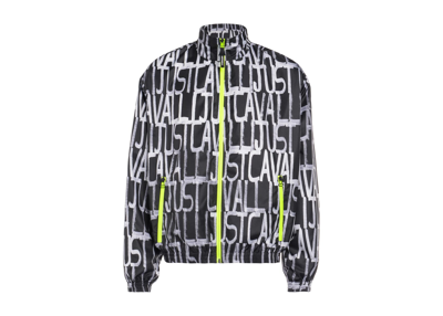 Just Cavalli Allover Logo Printed Funnel Neck Jacket In Grey