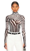 Afrm Zadie Printed Mesh Long Sleeve Turtleneck Top In Blanc Zebra