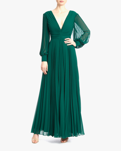 Badgley Mischka Pleated Blouson-sleeve Deep V-neck Gown In Dark Emerald
