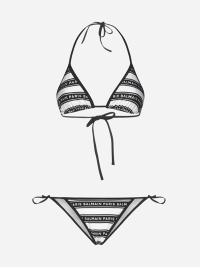 Balmain Logo-tape Triangle Bikini In White,black