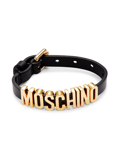 Moschino ! Women's Goldtone Logo Leather Bracelet In Black