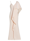 Badgley Mischka Asymmetrical Neoprene Ruffle Gown In Blush