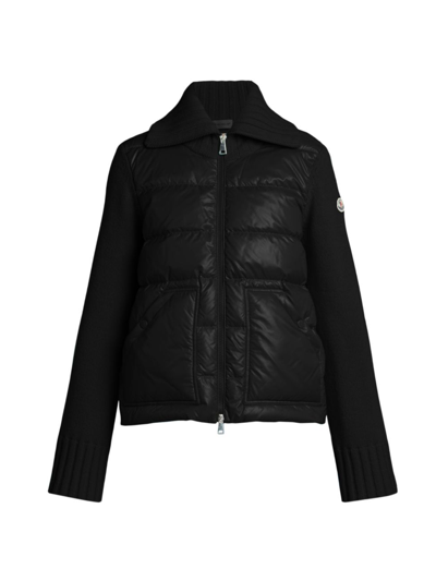 Moncler Mainline Mixed-media Down Cardigan In Black