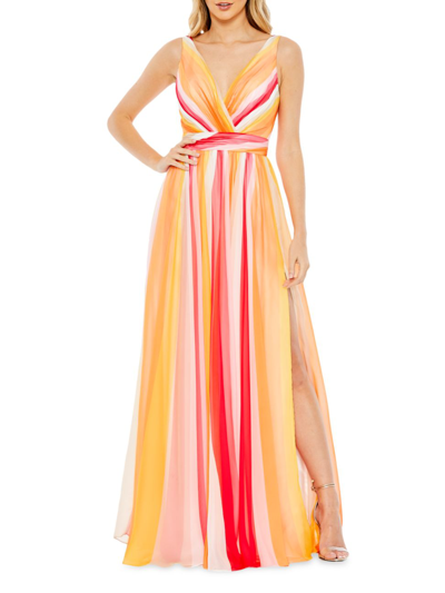 Mac Duggal Striped Plunging V-neckline Gown In Pink/multi