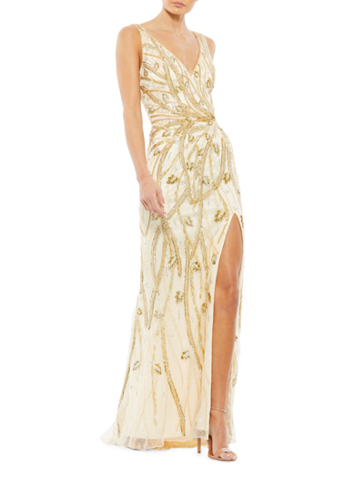 Mac Duggal Beaded Sleeveless V Neck Gown In Tan