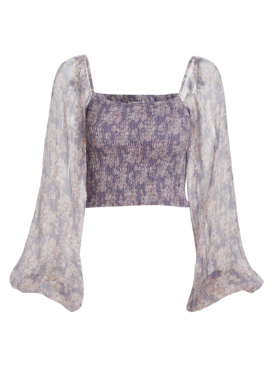 Caroline Constas Amelia Smocked Silk Crop Top In Pale Blue Summer Floral