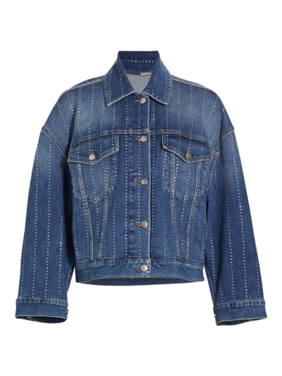 Stella Mccartney Rhinestone Hotfix Striped Oversize Denim Jacket In Clear Blue