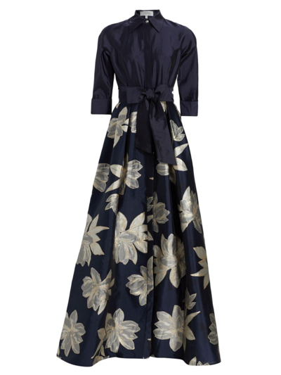 Teri Jon By Rickie Freeman Shirtwaist Floral Jacquard Gown In Navy Multi