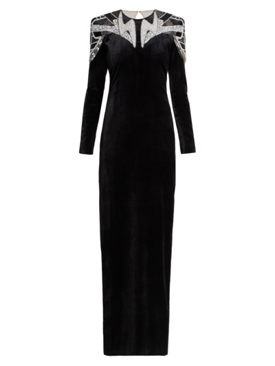 Balmain Crystal Embroidered Open-back Velvet Gown In Black White Silver