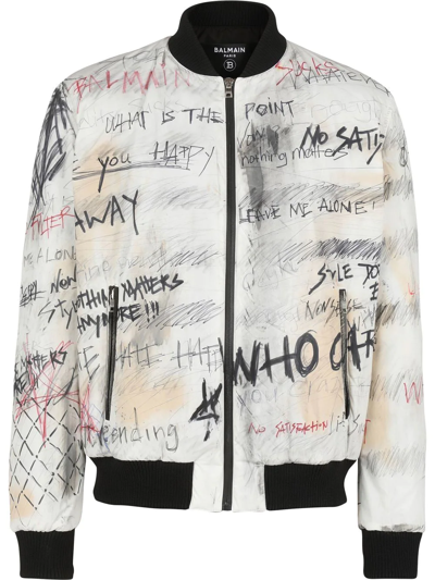Balmain Printed Graffiti Teddy Jacket In Blanc Noir Rouge