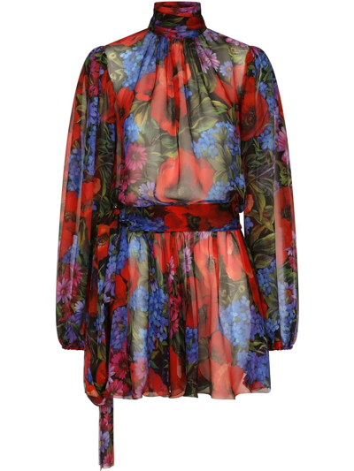 Dolce & Gabbana Floral Printed Silk Chiffon Mini Dress | ModeSens