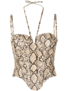 Miaou Aphex Printed Faux Leather Corset Top In Brown