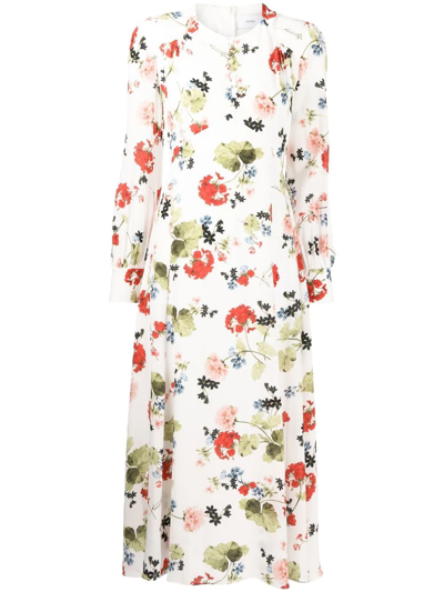 Erdem Leigh Floral-print Silk Crepe De Chine Midi Dress In White