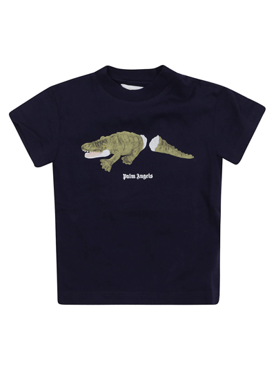 Palm Angels Kids' T-shirt With Crocodile Print In Blue