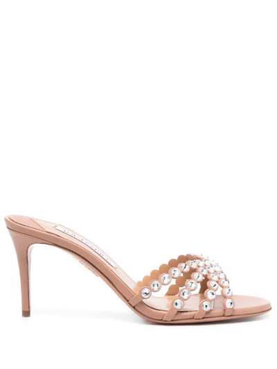 Aquazzura Tequila Gem-embellished Leather Heeled Sandals In Brown