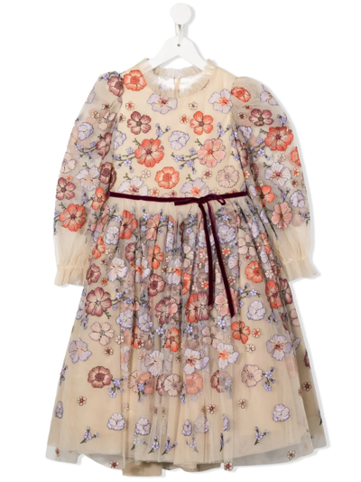 Marchesa Couture Kids' Flower-embroidery Tulle Dress In Multicolor