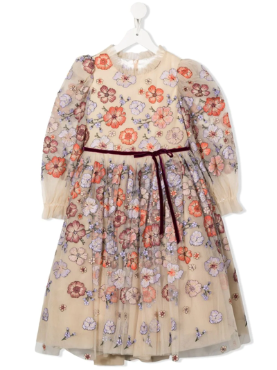 Marchesa Couture Kids' Flower-embroidery Tulle Dress In Neutrals