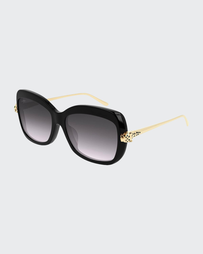 Cartier Dramatic Square Acetate/metal Sunglasses In Black