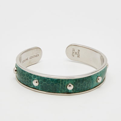 Pre-owned Tod's Silver Tone Green Embossed Leather Studded Narrow Cuff Bracelet