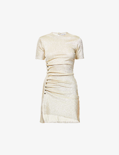 Paco Rabanne Asymmetric Ruched Metallic Crepe Mini Dress In Gold