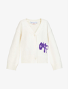 OFF-WHITE OFF-WHITE C/O VIRGIL ABLOH WOMEN'S WHITE PURPLE INTARSIA GRAPHIC-EMBROIDERED WOOL-BLEND CARDIGAN,58535180