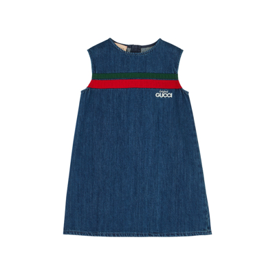 Gucci Kids' Original  织带条纹牛仔连衣裙 In Blue