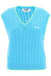 Msgm Embroidered-logo Knit Vest In Light Blue
