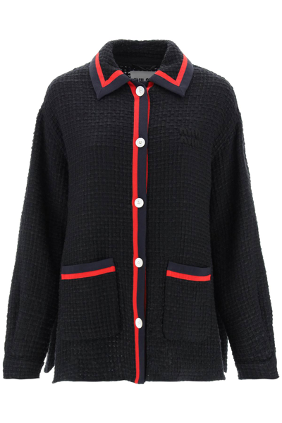 Miu Miu Striped Trim Tweed Jacket In Black