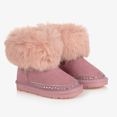 Monnalisa Kids' Embellished Faux Fur-trim Suede Boots In 粉色