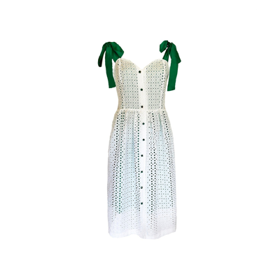 Anna Etter White Summer Cotton Dress With Green Straps And Glass Buttons
