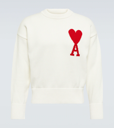 Ami Alexandre Mattiussi Ami Paris Ami Heart Design Wool Sweater In Intarsia Knit In White