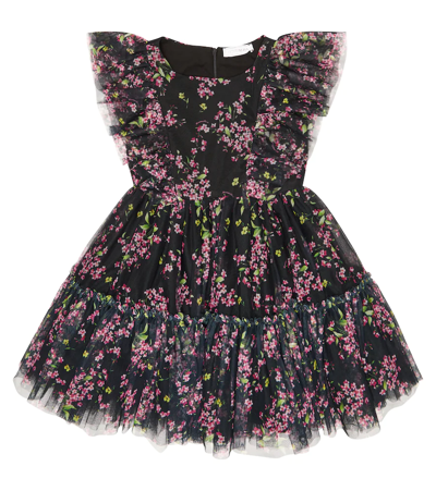 Monnalisa Kids' Floral-print Tulle Dress In Black + Sacket Pink