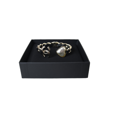 Pre-owned Chanel Chain Link Cuff Cc Logo With Heart Leather Bracelet Gold Black In Default Title