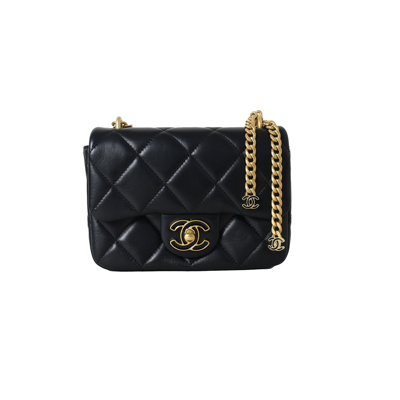 Pre-owned Chanel Enamel Quilted Pending Cc Mini Square Lambskin Flap Bag Black Gold In Default Title