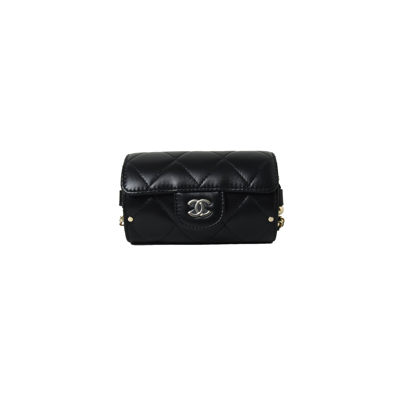 Pre-owned Chanel Lambskin Quilted Box Of Secrets Card Holder With Chain Black In Default Title