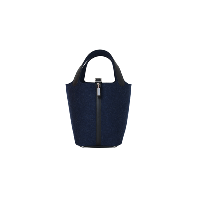 Pre-owned Hermes Picotin 18 Lock Bag Palladium Hardware Black Fur Blue In Default Title