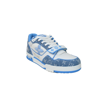 Pre-owned Louis Vuitton Monogram Strap Trainer White Blue In Us 9