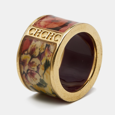 Pre-owned Carolina Herrera Ch Enamel Gold Tone Ring Size 53